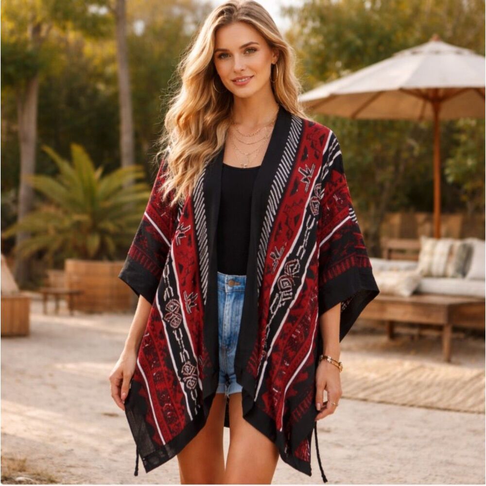 Grey Antics Sweater Wrap Knit Wool Blend Oversized Aztec Southwestern Sz XS / S